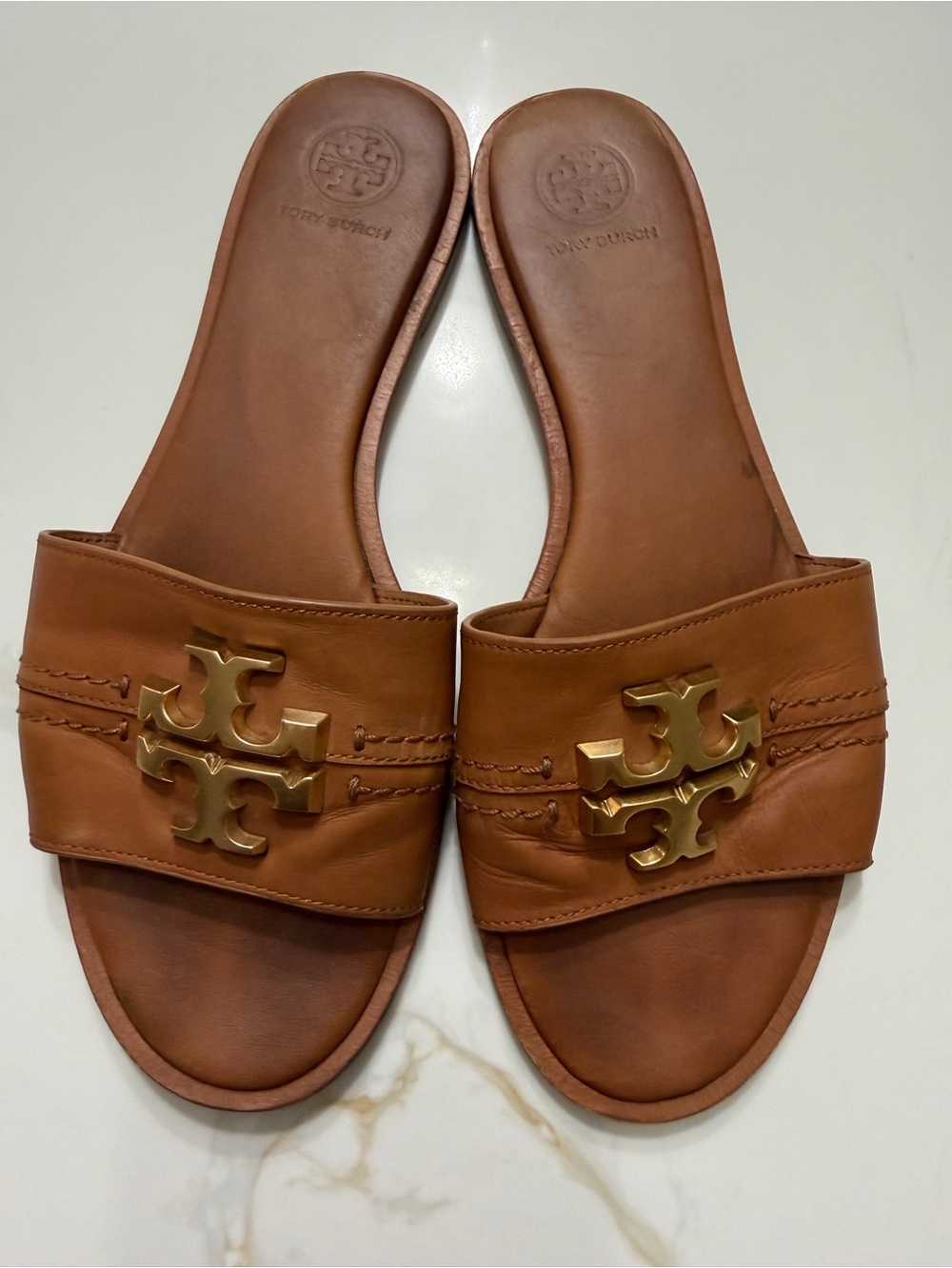 Tory Burch Brown Leather Slide Mules with Gold Logo Accent